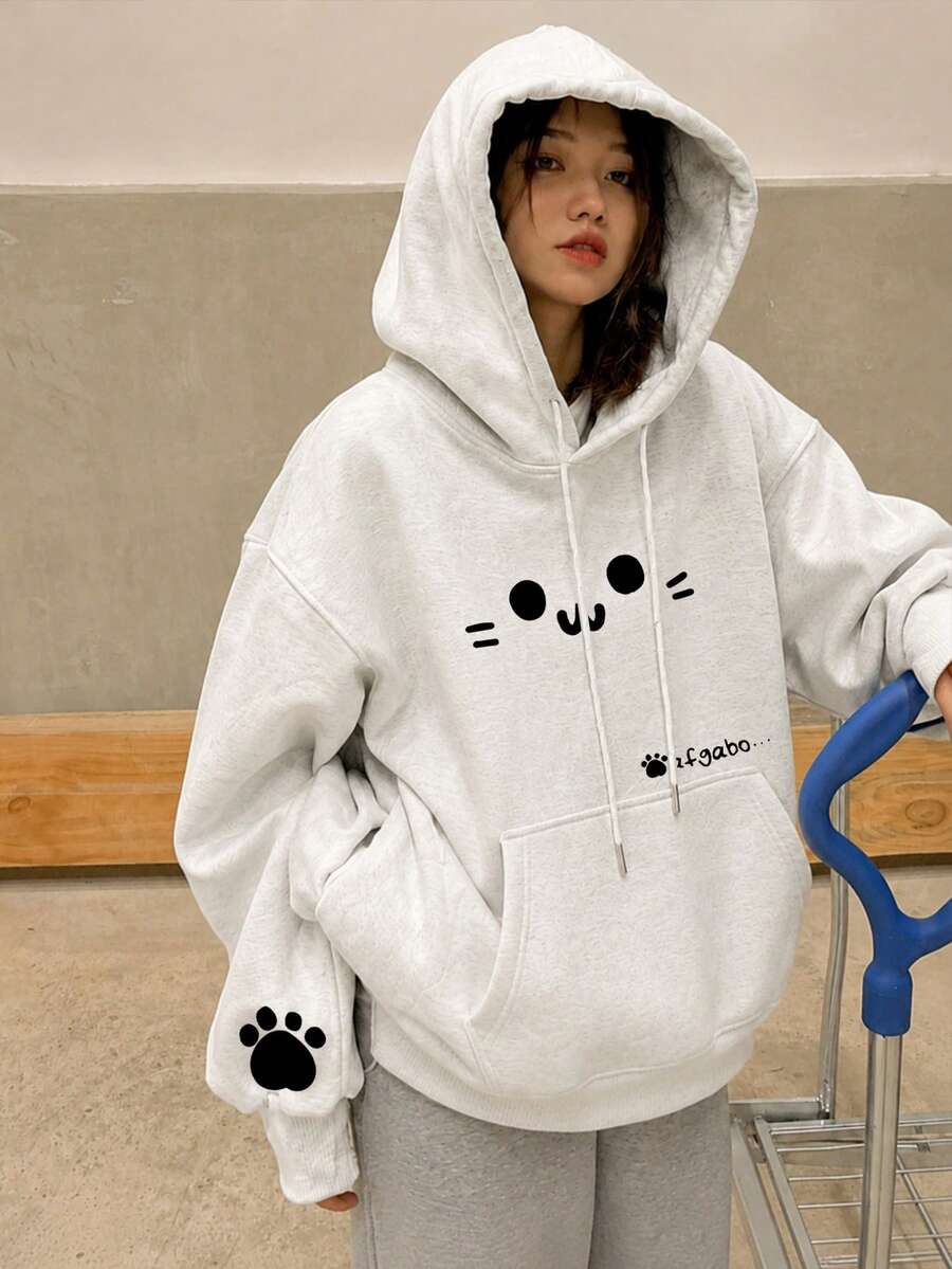 Autumn/Winter Round Neck Loose Slouchy Casual Versatile Cute Cat Face Cartoon Print Fleece Lined Sweatshirt For Women - Light Gray - View 1