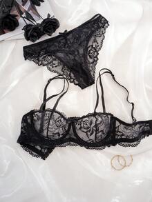 1 Set Women's Lace Patchwork Bow Underwire Thin Cup Comfortable Lingerie Set - Black - View 3