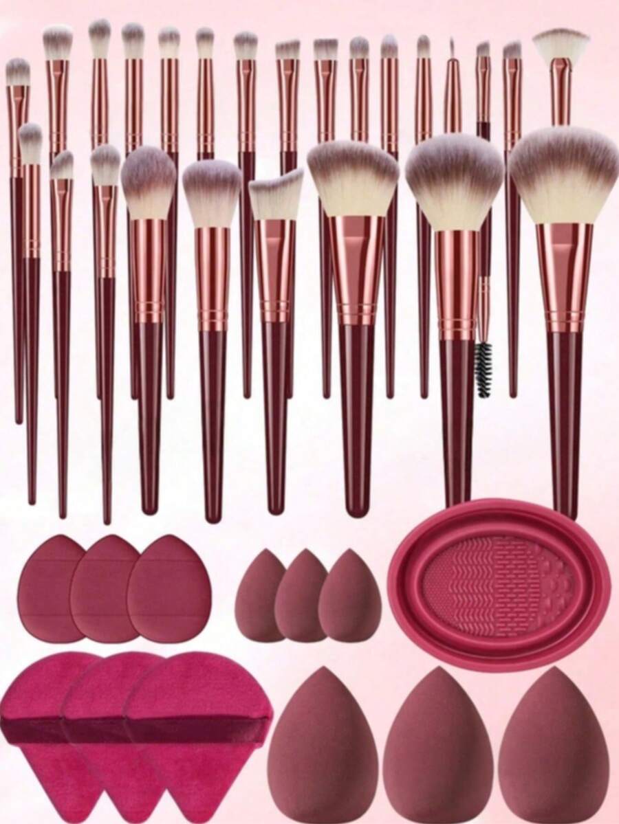 10 Pcs Wine Red Makeup Sponges, 5 Large & 5 Mini Soft Makeup Blending Sponge, Washable Reusable Foundation Sponge For Liquid, Cream & Powder, Daily Facial Makeup Tool - Burgundy - View 1
