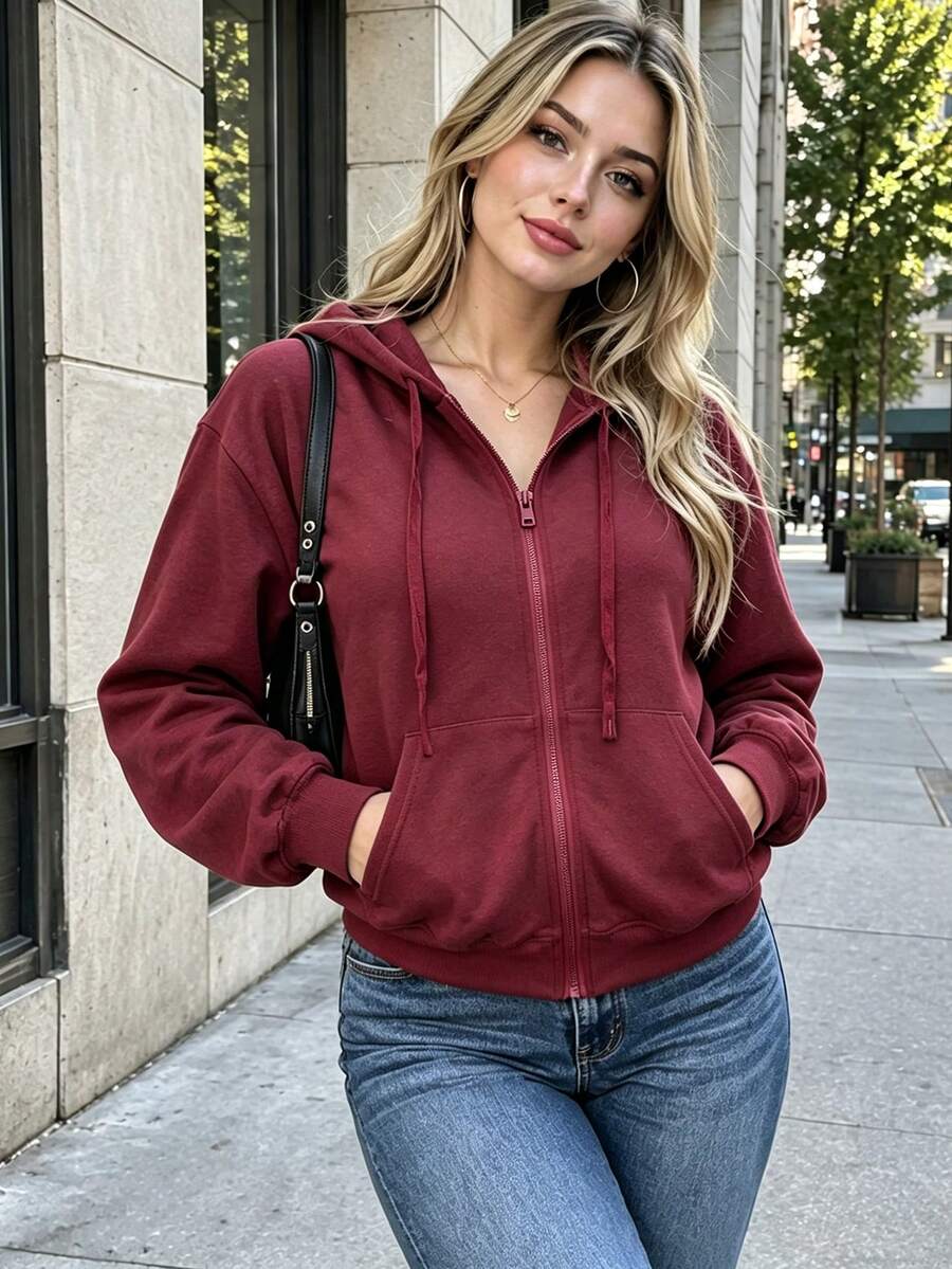 Sweatshirt Wanita Warna Burgundy dengan Resleting, Tali Serut, dan Saku, Lengan Panjang, Potongan Reguler, Bahan Rajut, Cocok untuk Dipakai di Musim Gugur/Musim Dingin - Burgundy - View 1
