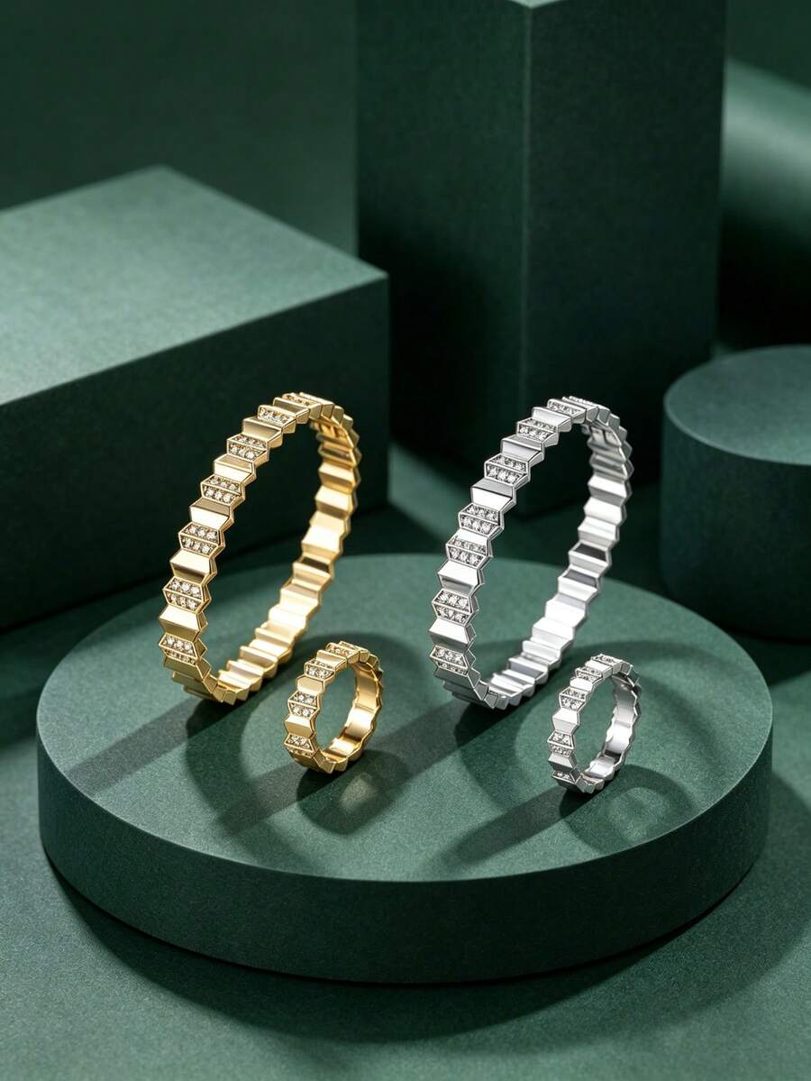 4pcs/Set Women's Geometric Tiered Rhinestone Bracelet & Ring Set, Luxury 3D Patchwork Design, Exquisite Sparkling Versatile Jewelry, Suitable For Banquet, Date, Wedding And Holiday Gift - S62619-jZ23846 - View 1