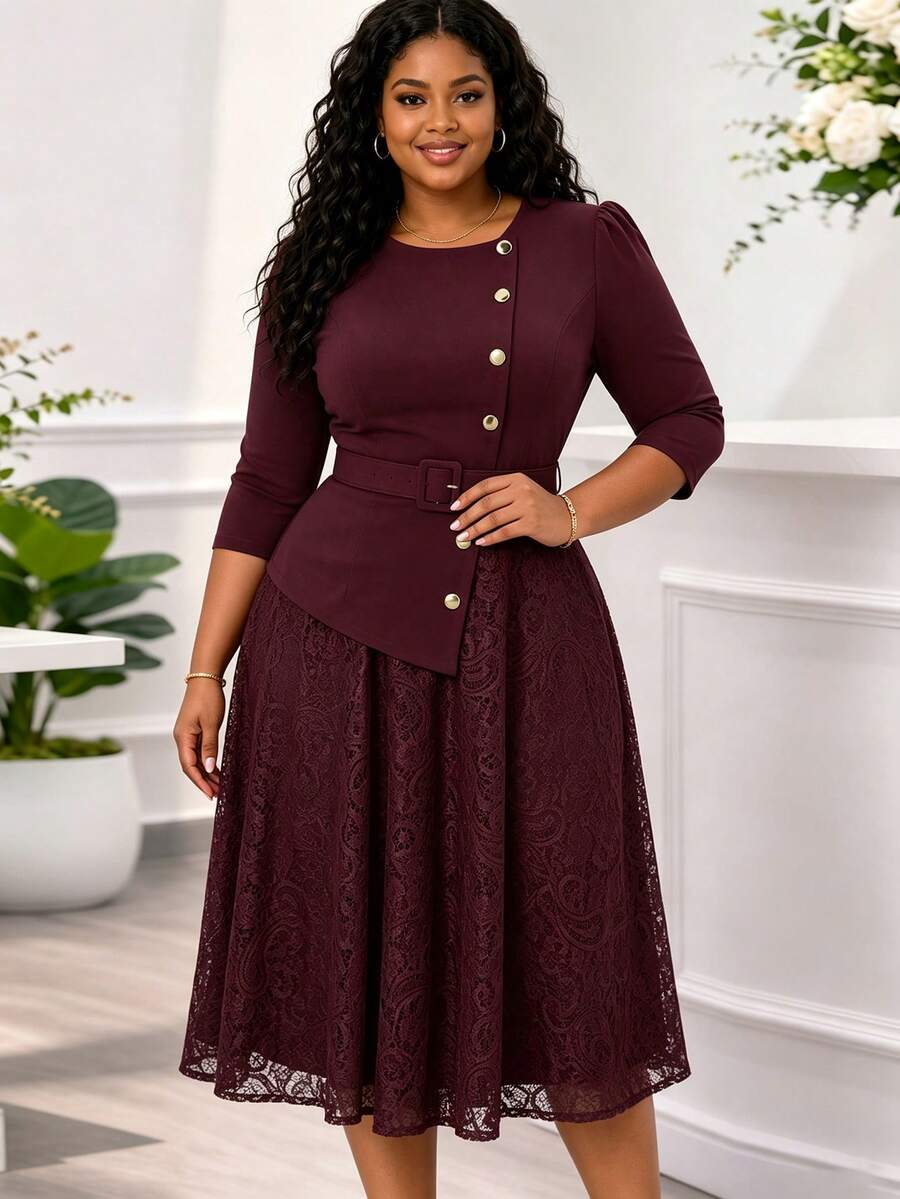 NOU Women's Mid-Length Dress, Round Neck, Cinched Waist, Asymmetrical Ruffle Hem, Vertical Button Decor, Belt, Lace Patchwork, A-Line Skirt - Burgundy - View 1