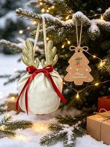 6pcs/Set Christmas Gift Bags With Drawstring, Reindeer/Snowflake And Christmas Tree Patterns, Suitable For Christmas Party Favors, Candy And Cookies, Applicable For Christmas, New Year, Birthday And Holiday Party Decorations - Reindeer Drawstring Bag - View 9