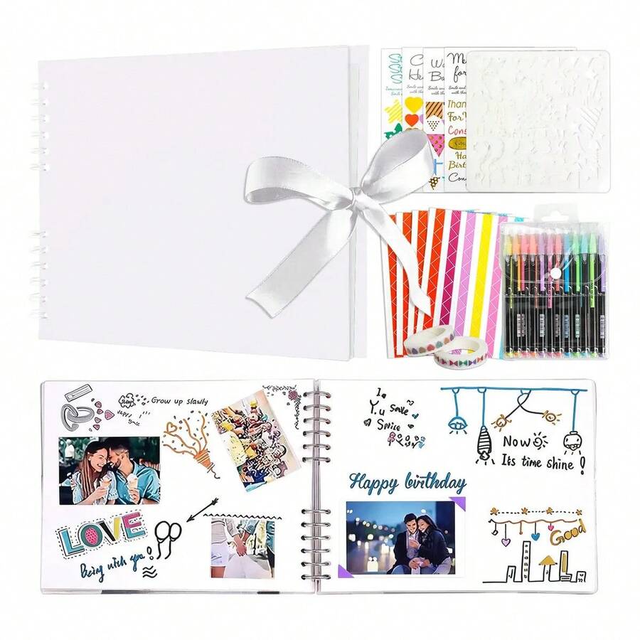 Álbum Fotos De Recortes Familiar 80 Páginas Para Manualidades Hecho Mano Uno Diy Accesorios Completos Materiales de Alta Calidad Adecuado para viajes, bodas, Navidad y otros recuerdos 28.5x21cm Rosa - Blanco - Ver 1