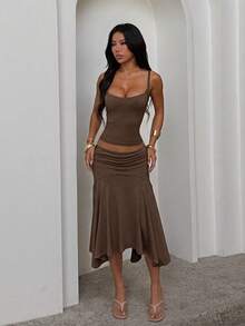 Women's Casual 2-Piece Set, Summer Brown Camisole Top & Asymmetric Ruffle Midi Skirt Outfit Elegant - Brown - View 2