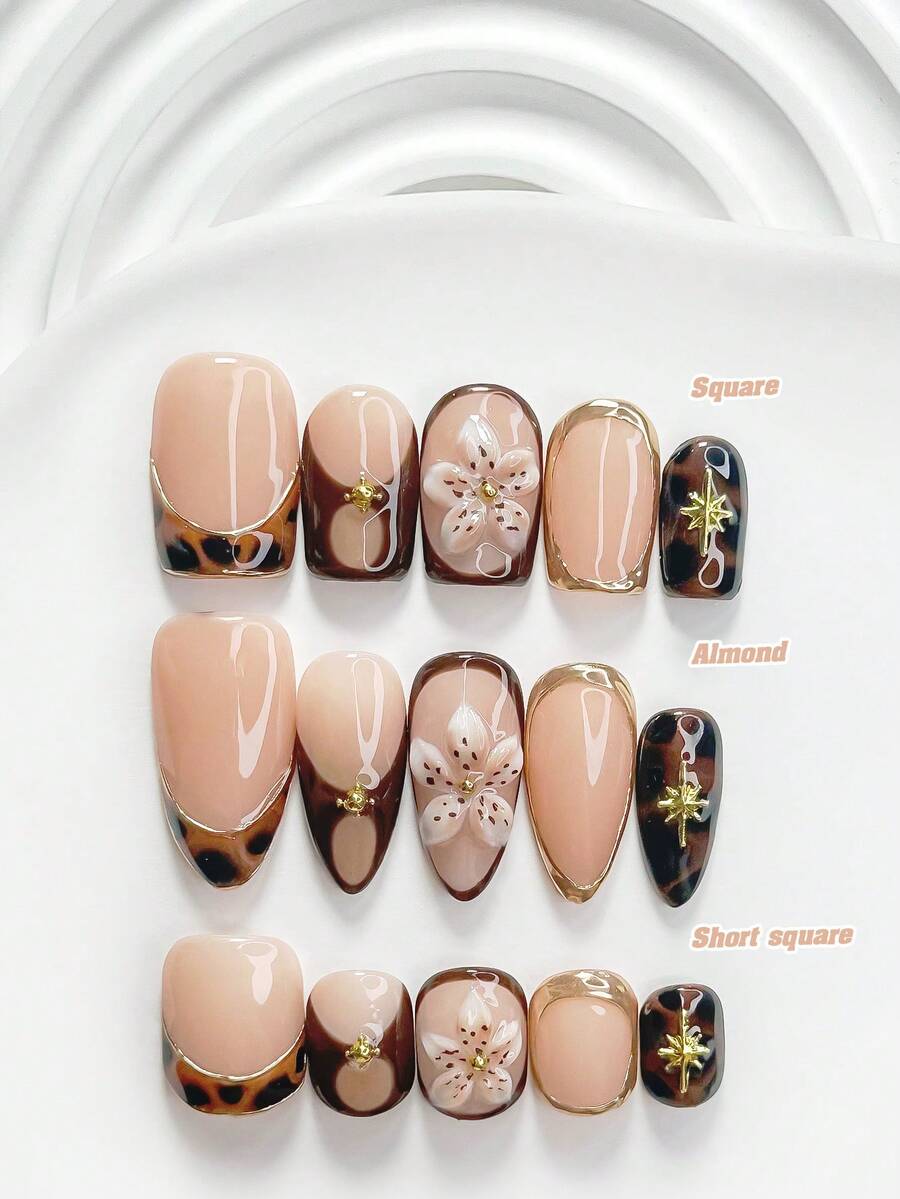 10片裝秋季復古梅納爾風手工穿戴甲,Polygel美甲套組,花卉棕色指甲油,秋季氛圍,3種尺寸可選,方型/短方型/杏仁形,適合派對、跳舞、日常配戴(手工細節可能有所不同) - 彩色 - 查看 1