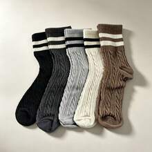 5 Pairs Women's Mid-Calf Thick Warm Socks, Autumn/Winter Ins Japanese Campus Style Retro Cable Knit Striped Versatile Slouch Socks - Multicolor - View 10
