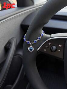 1pc Blue Evil Eye Rhinestone Steering Wheel Pendant, Gold Crystal Chain Car Hanging Decor, Shiny Interior Rearview Mirror Accessory, Suitable For Women, Cars, SUVs, Daily Commute, Road Trips, Birthday And Holiday Gifts - Sapphire - View 1