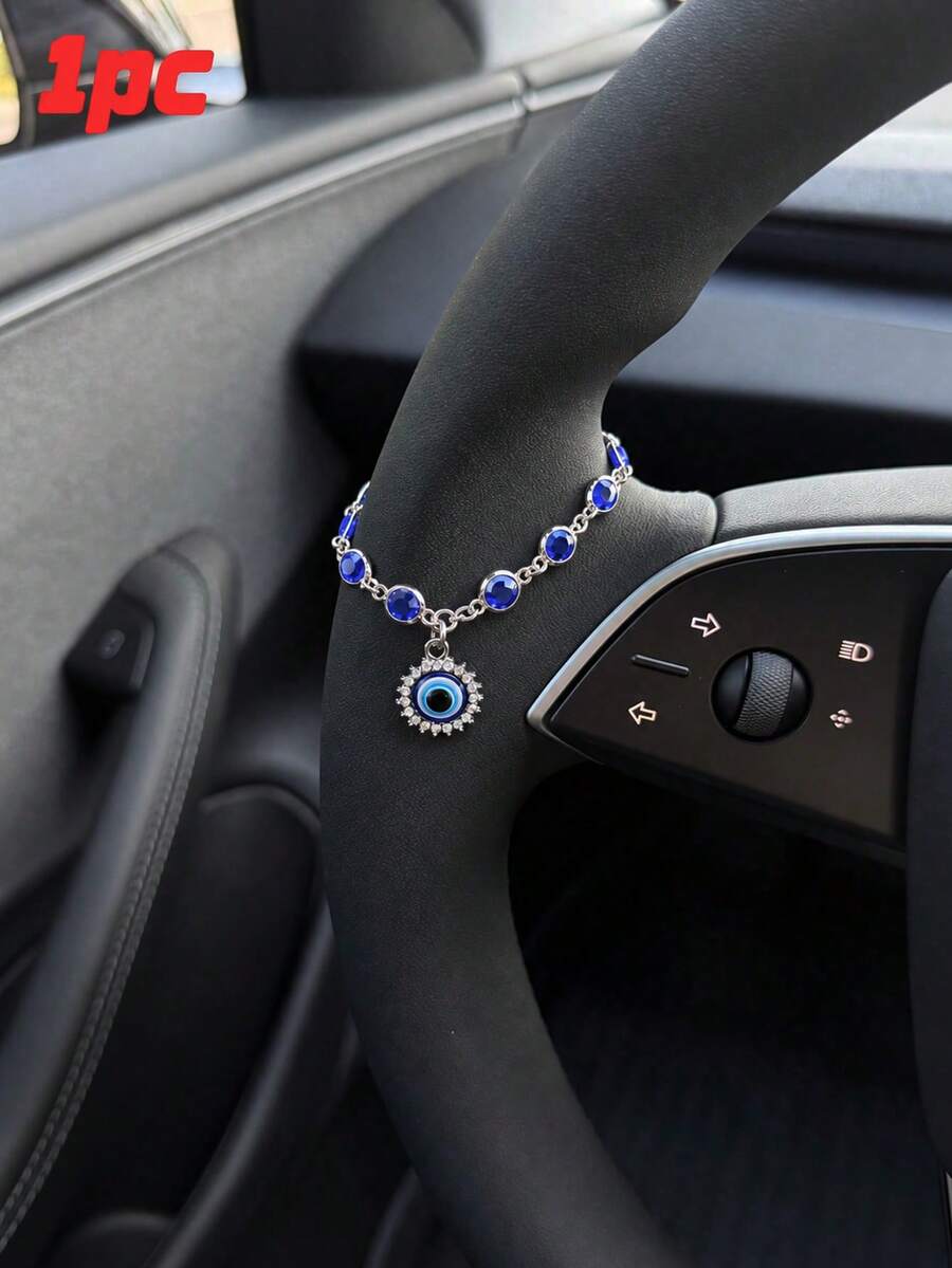 1pc Blue Evil Eye Rhinestone Steering Wheel Pendant, Gold Crystal Chain Car Hanging Decor, Shiny Interior Rearview Mirror Accessory, Suitable For Women, Cars, SUVs, Daily Commute, Road Trips, Birthday And Holiday Gifts - Sapphire - View 1