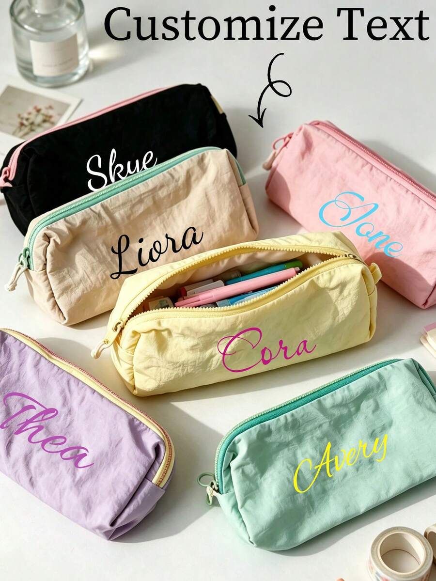 Custom Embroidered Name Pencil Case, Personalized Text Zipper Pen Bag, Large Capacity Stationery Storage Pouch, Aesthetic School Supplies, Customized Gift For Girls Students > - Multicolor - View 1