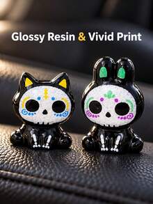 5Pcs Mini Day Of The Dead Sugar Skull Figurines Set, Hand-Painted Colorful Glossy Resin Cute Cartoon Cat Rabbit Skeleton Statues, Spooky Mini Ornaments For Halloween Party, Micro Landscape Fairy Garden, Desktop Shelf Home Office Decoration - A - View 6