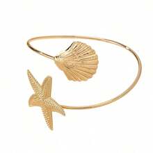 3pcs/1pc Beach Vacation Starfish Shell Open Cuff Bracelet, Vintage Pearl Metal Arm Bangle, European And American Style Versatile Arm Accessory - Gold - View 5