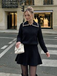 NOVELLE Women's Elegant Black Pearl Knit Two Pieces Set, Lapel Cinched Waist Cropped A-Line For Autumn & Winter, For Commute, Dates & Parties - Black - View 3
