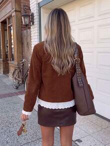 Women's Brown Corduroy Front Button Jacket, Hollow Lace Ruffle Long Sleeve Woven Outerwear, Suitable For Autumn/Winter - Brown - View 6