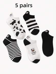 5 Pairs Unisex Striped Solid Color Cow Cartoon Cotton Boat Socks, Simple Flat Foot Cover Socks, Suitable For Men And Women - Multicolor - View 4