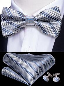 5Pcs Men Grey Striped Bow Tie Pocket Square Cufflinks Ring Boutonniere Set, Cufflinks Pattern Random For Wedding Business Party - Grey - View 6