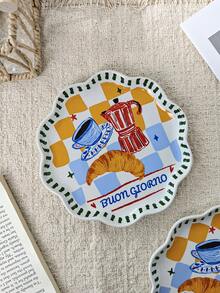 1pc Ins Style Cute Coffee & Bread Print Ceramic Plate, Home Breakfast Bread Plate, Western Dinner Plate, Steak & Pasta Plate, Fruit & Salad Plate, Holiday Gift - Multicolor - View 11