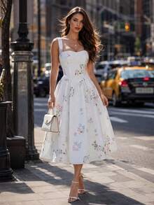 DONICY Women's White Floral Ruffle Hem Midi Dress, Square Neck Sleeveless Dress, Sweet Romantic Summer Holiday Dress - White - View 1