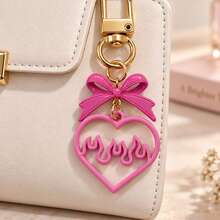 1pc/2pcs Women's Korean Style Fashion Alloy Heart Spray-Painted ECG Hollow Pendant Bowknot Beaded Keychain, Sweet Cool Style Bag Charm, Wallet Accessory - Hot Pink - View 3