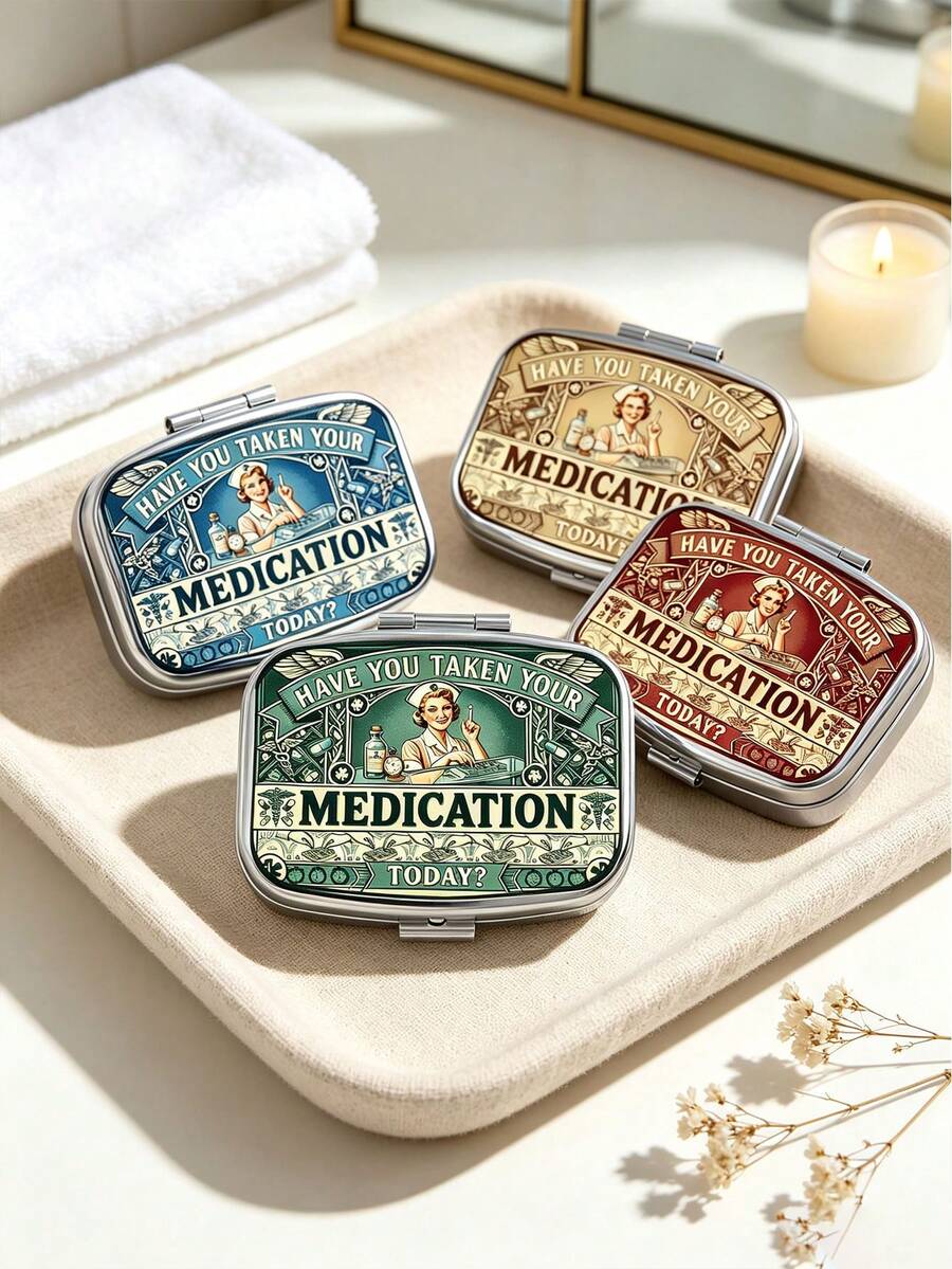 Vintage Nurse Print Pill Box, Mini Portable Metal Pill Case, Multi Compartment Medicine Vitamin Storage Organizer, Travel Pocket Pill Holder - Multicolor - View 1