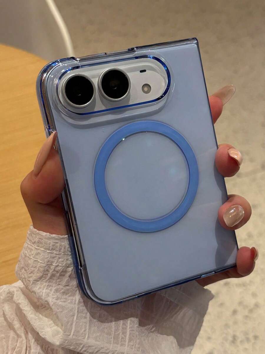 奢華透明半透明磁吸無線充電手機殼,相容 iPhone 18 Duo Fold,防震折疊手機保護殼,附磁吸環與相機保護 - 藍色 - 查看 1