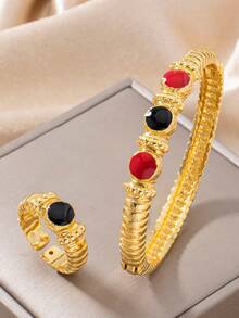 Letingsha 2pcs Luxury Vintage Textured Colorful Enamel Gold-Plated Bracelet And Ring, Suitable For Women's Daily Wear, Wedding, Party And Holiday Gift - Multicolor - View 10