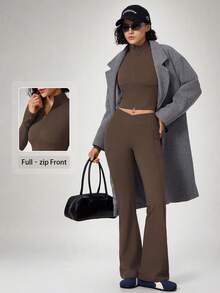NcmRyu Women's One Set Solid Color Stand Collar Zipper Short Jacket & Criss-Cross V Waist Flare Pants Sportswear Set - Coffee Brown - View 10