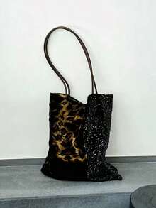 2026 New Leopard Print Sequin Shoulder Bag Women's Underarm Chinese Style Colorblock Canvas Tote Handbag - Black - View 1