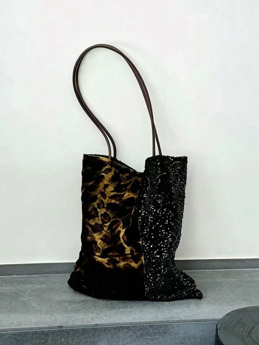 2026 New Leopard Print Sequin Shoulder Bag Women's Underarm Chinese Style Colorblock Canvas Tote Handbag - Black - View 1