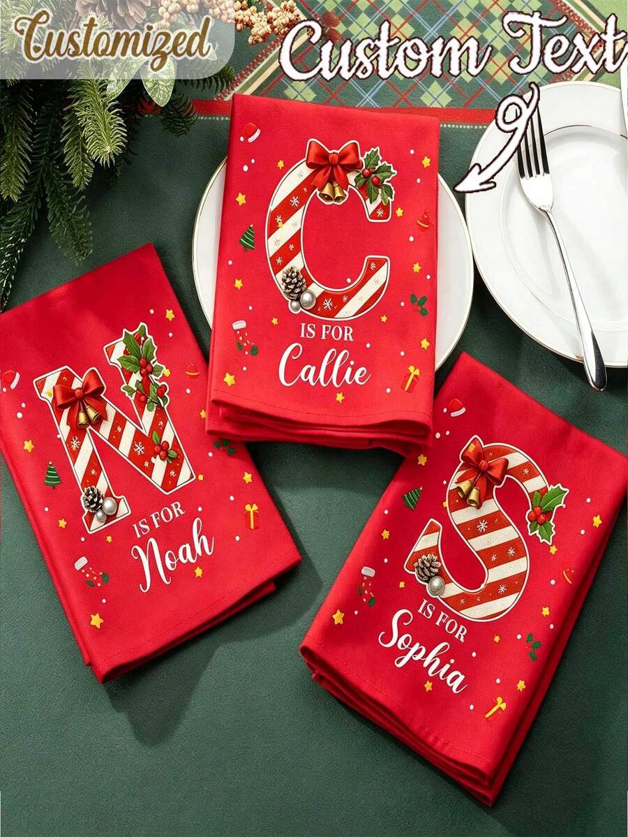 Personalized Christmas Flax Napkin With Name | Candy Cane Initial | Party Table Decor | Christmas Gift For Family & Friends - Multicolor - View 1