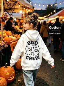 2026 Autumn Custom Loose White Hooded Sweatshirt For Girls, Ghost And Letter Print, Fun And Quirky Halloween Outfit - White - View 10