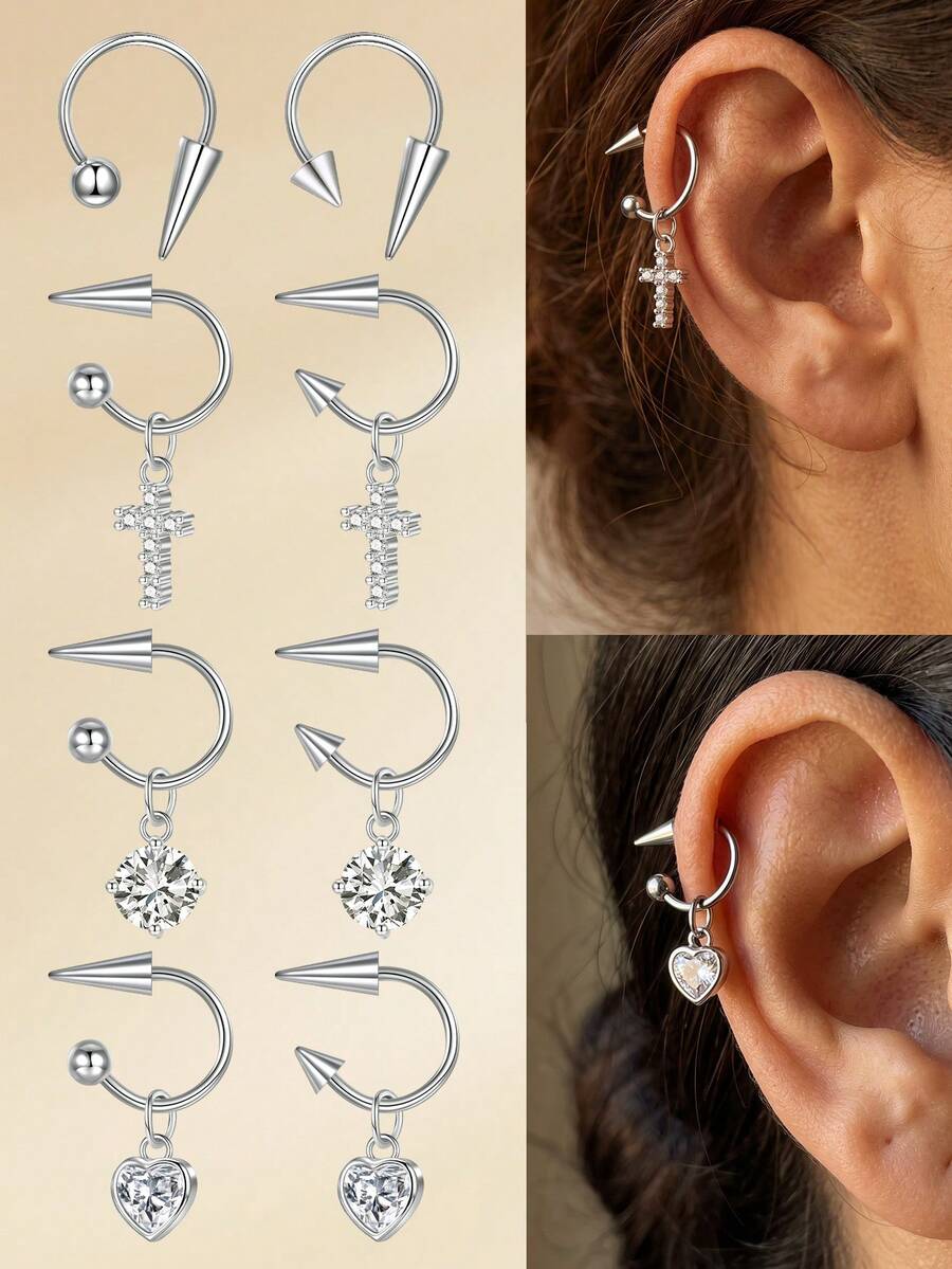 TOKRING أقراط حلقية متدلية للغضروف للنساء، أقراط حلقية نصفية بأسلوب بانك، أقراط حلقية للغضروف والحلزون والترقوة، مجوهرات ثقب الأذن من الفولاذ المقاوم للصدأ 16G - فضي - مشاهدة 1