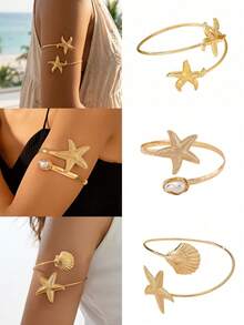 3pcs/1pc Beach Vacation Starfish Shell Open Cuff Bracelet, Vintage Pearl Metal Arm Bangle, European And American Style Versatile Arm Accessory - Gold - View 1