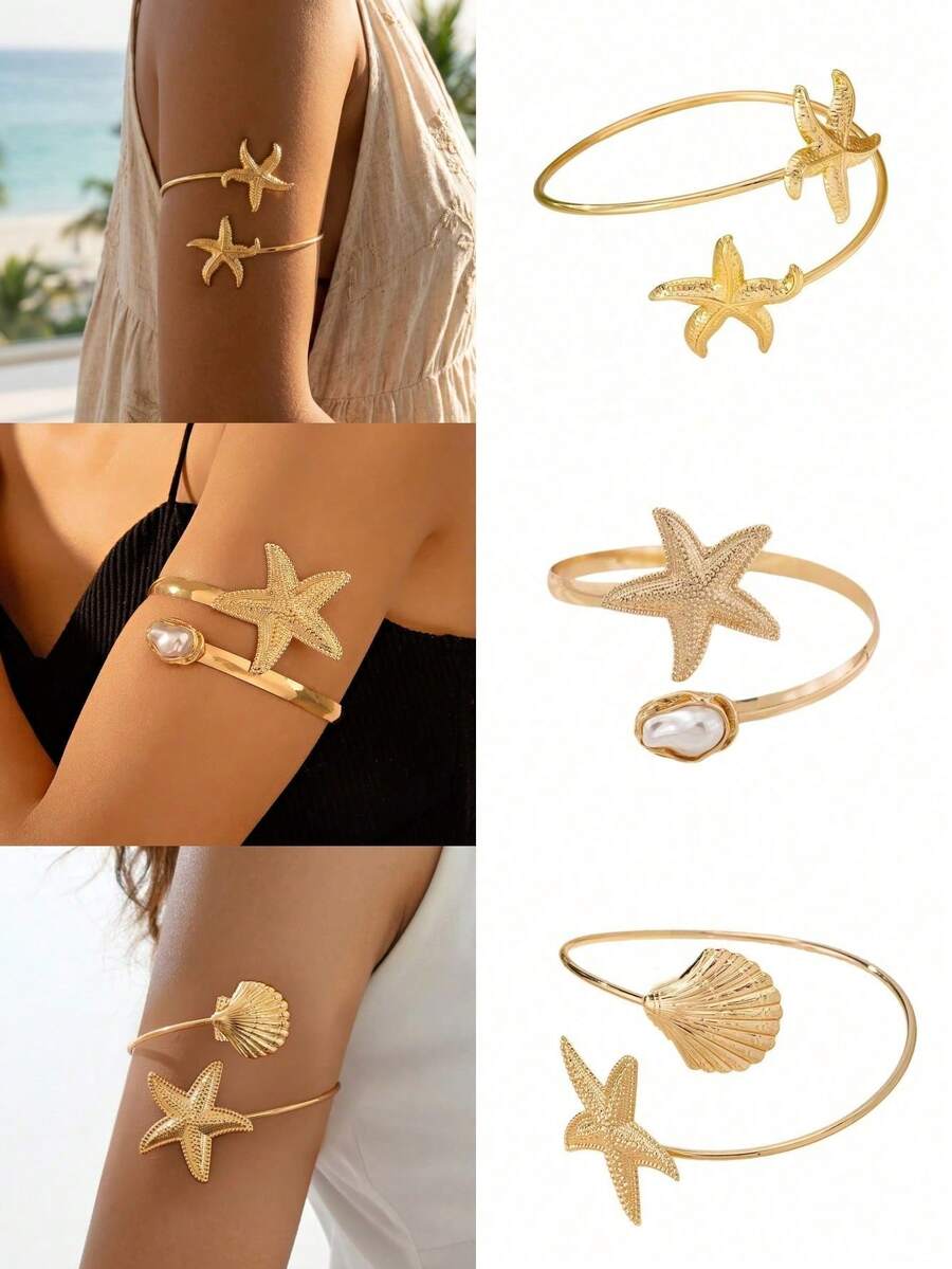 3pcs/1pc Beach Vacation Starfish Shell Open Cuff Bracelet, Vintage Pearl Metal Arm Bangle, European And American Style Versatile Arm Accessory - Gold - View 1