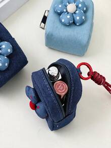 Cute Denim Mini Coin Purse, 3D Flower Decor Zipper Wallet, Portable Keychain Pouch, Small Earphone Storage Bag For Women Girls Gift - Multicolor - View 2