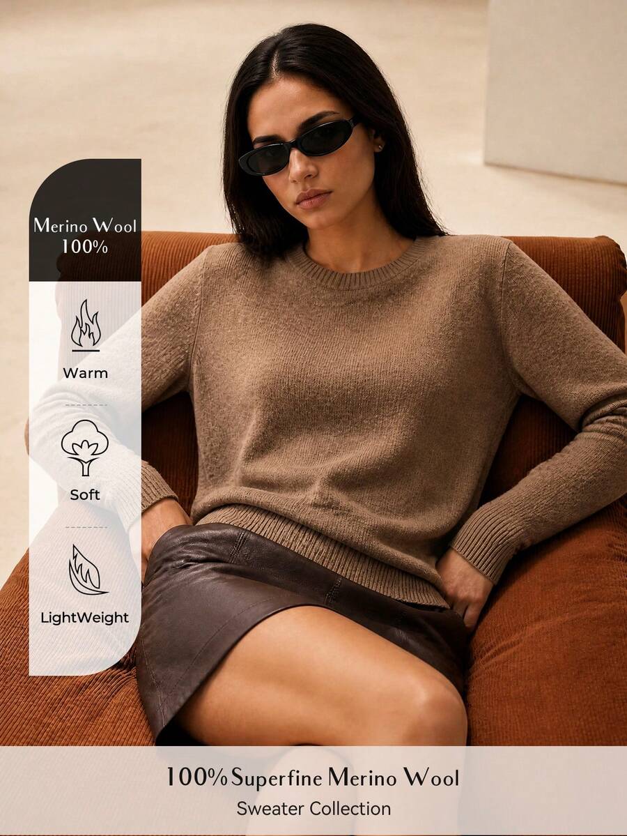 100%美麗諾羊毛女款毛衣，保暖柔軟圓領基本套頭衫，休閒秋季款 - 駝色 - 查看 1