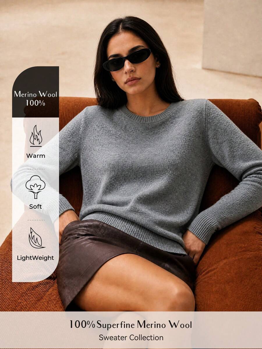 Women's 100% Merino Wool Sweater Crew Neck Sweater Fall Winter Sweater Long-Sleeved Soft Knitted Pullover Autumn Outfit For Women Fall Clothes - Grey - View 1