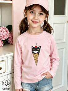 Girls Cotton Raglan Long Sleeve T-Shirt, Autumn Winter Long Sleeves, Cat Face Ice Cream Print, Sweet Girly Preppy Style - Baby Pink - View 2