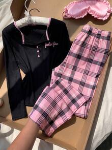 Teenager Letter Printed Pattern Long Sleeve Pajama Set,Ribbed Top+Pink Plaid Pants,Soft Breathable Girl Loungewear, Cute Home Sleepwear Autumn Winter - Black - View 2