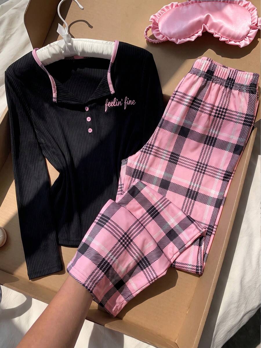Teenager Letter Printed Pattern Long Sleeve Pajama Set,Ribbed Top+Pink Plaid Pants,Soft Breathable Girl Loungewear, Cute Home Sleepwear Autumn Winter - Black - View 1