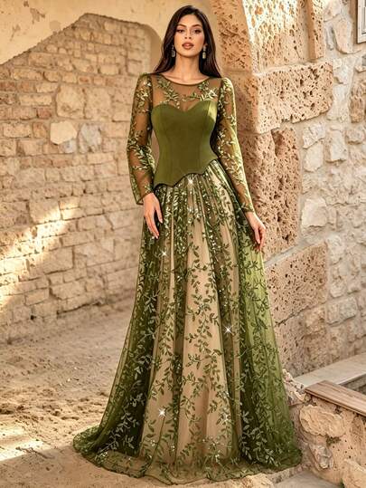 Fall Winter Elegant Sequin Leaf Embroidery Tulle Spliced Crinkle Texture Knit Mock Two-Piece Maxi Gown, Illusion Long Sleeve Dress For Party Wedding