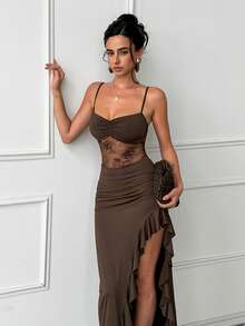 Women's Lace Splicing Sexy Spaghetti Strap Long Dress Ruffle High Slit Evening Gown Elegant Party Banquet Dress,Brown - Brown - View 3