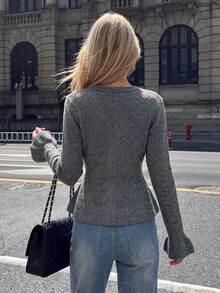 Women's Grey V-Neck Single-Breasted Ruffle Hem Wool Blend Cardigan Sweater, Autumn Outfit For Outing, Dating, Shopping And Commuting - Grey - View 2