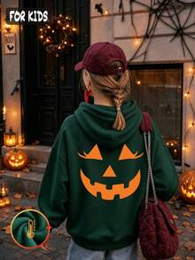 Halloween Autumn Winter Girls' Hooded Fleece Sweatshirt With Orange Pumpkin Face Print - Dark Green - View 3