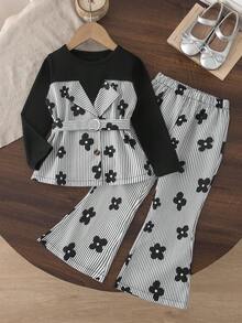 BASUSARRI Setelan 2 Potong untuk Anak Perempuan, Atasan Lengan Panjang Motif Garis-garis, Celana Panjang Motif Garis-garis, Busana Wanita Modis Gaya Elegan untuk Beraktivitas di Luar Ruangan dengan Sabuk, Musim Semi/Gugur - Hitam - View 2