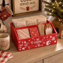1pc Christmas Red Wooden Hot Cocoa Bar Caddy, Snowflake Letter Print Multi Compartment Storage Organizer, Open Top Rectangular Wood Box, Christmas Holiday, Kitchen Countertop Home Desktop Supplies Decor - Multicolor - View 1