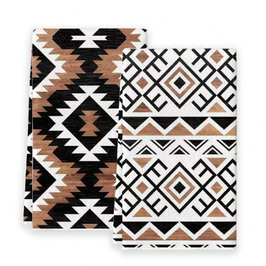 2pcs/Set, Bohemian Style Towel Set, Decorative Bathroom Towels, Quick-Drying Absorbent Kitchen Cleaning Cloth, Scouring Pad, Suitable For Kitchen, Bathroom, Living Room Decoration, Christmas Gift For Family And Friends, Best Kitchen Towels. - Brown - View 1