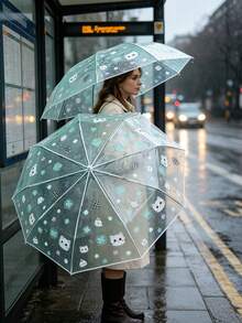 Fresh Cartoon Transparent Umbrella, Cute Cat Print, High Aesthetic Value! Sturdy Umbrella Frame Windproof And Waterproof, Suitable For Outdoor Camping And Daily Commute, Rainy Day Atmosphere Instantly Enhanced. - Umbrella - View 8