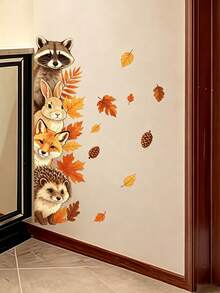 Autumn Forest Small Animal Vertical Wall Decor Stickers, Raccoon Rabbit Fox Hedgehog Autumn Leaves Pine Cone Creative Fun Patterns, Easy To Apply And Remove High-Quality Glue-Free Film, Fall Autumn Atmosphere Decorative Stickers, Can Beautify Walls, Kitchen, Bathroom, Floor-To-Ceiling Windows, Freely Unleash Your Imagination To Create A Healing Autumn Home Space - Multicolor - View 2