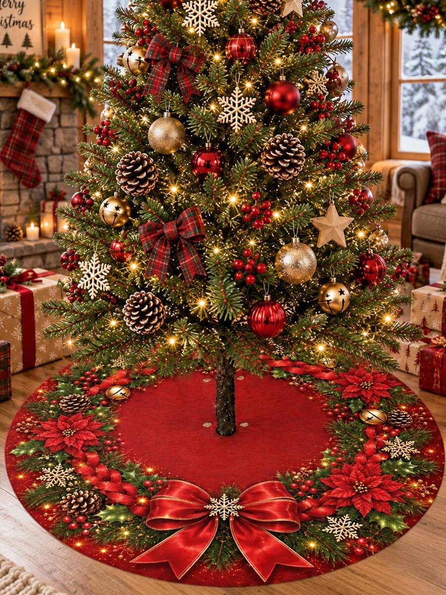 1pc Red Poinsettia Christmas Tree Skirt, Farmhouse Style Linen Round Christmas Tree Base Cover With Large Bow, Pine Cone, Holly Berry, Snowflake Print, Holiday Tree Bottom Mat, Suitable For Christmas Decoration, Home Holiday Party, Living Room Winter Decor - Multicolor - View 1